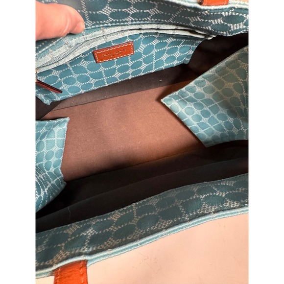 Kate Spade New York Aqua Blue Dot Noel Jacquard Tote Bag with Tan Leather Trim - Picture 5 of 7